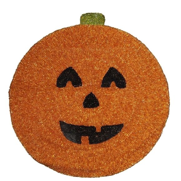 Beaded Pumpkin Placemat Smiling Jack O Lantern Halloween Beaded Decoration Mat - Picture 1 of 3